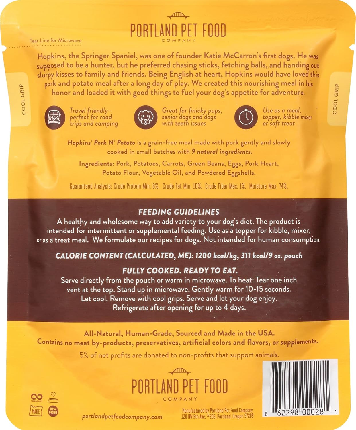 Hopkin'S Pork 'N' Potato All Natural Dog Food, Fully Cooked Microwavable Meal Pouches, Grain & Gluten-Free, USA Made, 4 Pack (4 X 9Oz)